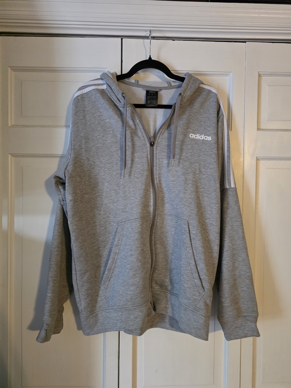 adidas Essentials 3-Stripes Full Zip Hoodie | Size Large | Heather Gray